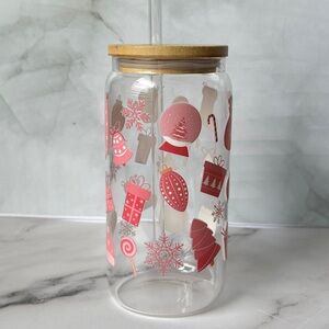 Festive Glass Tumbler with Straw